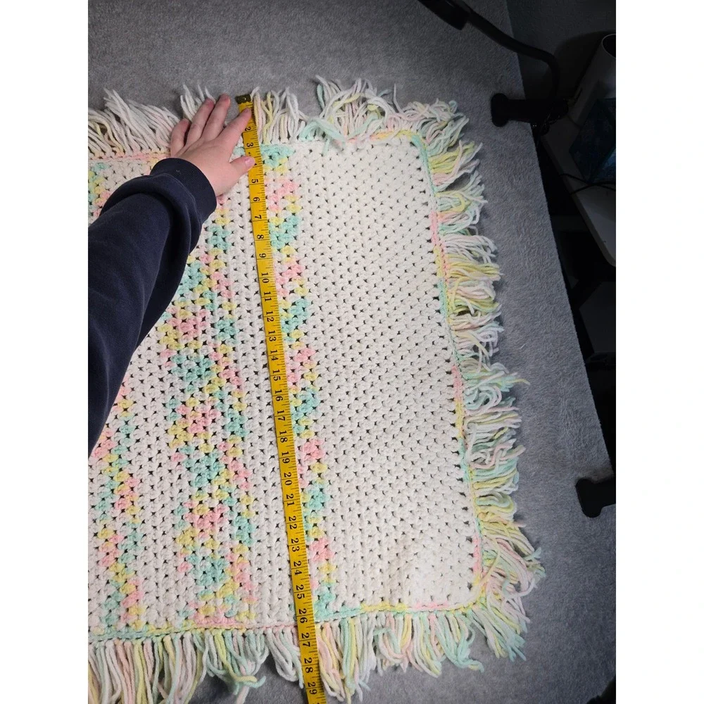 Vintage Handmade Crochet Pastel Rainbow Baby Blanket Fringe Tassel Trim 38x29